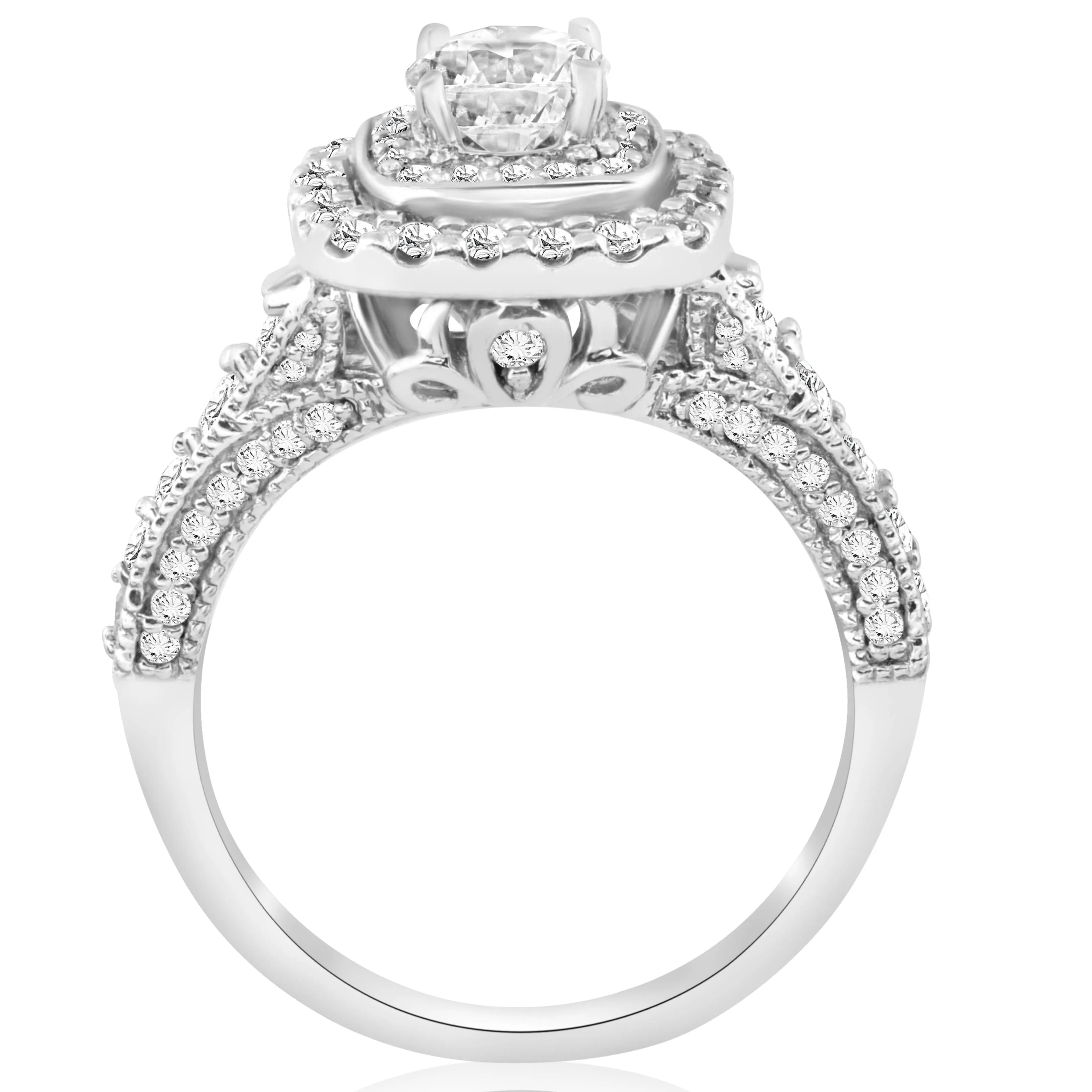 1 1/2ct Double Halo Cushion Vintage Diamond Engagement Ring 14K White Gold