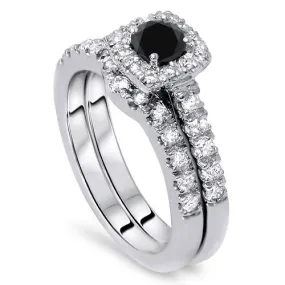 1 1/4ct Cushion Halo Black Diamond Engagement Ring Set 14K White Gold