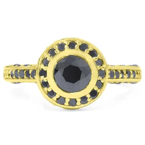 1 7/8ct Black Diamond Bezel Engagement Ring 14K Yellow Gold