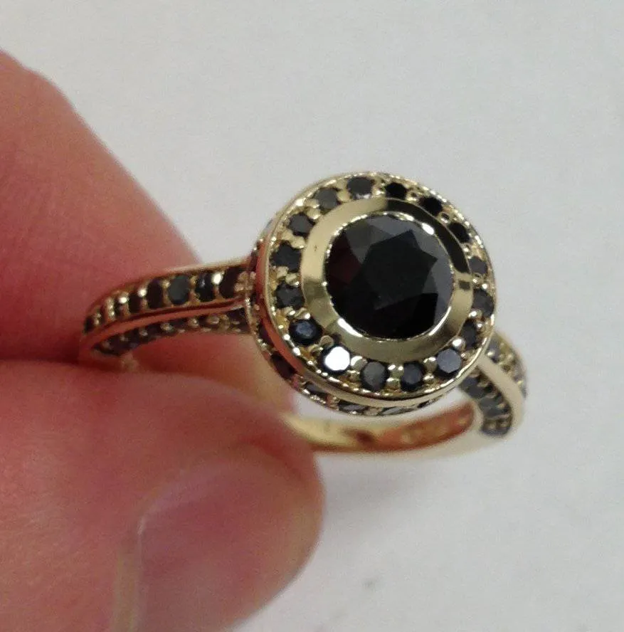 1 7/8ct Black Diamond Bezel Engagement Ring 14K Yellow Gold