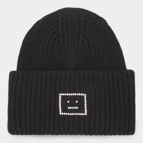 ACNE STUDIOS The Sustainable Edit Crystal Pansy Face Logo Beanie Hat - Black