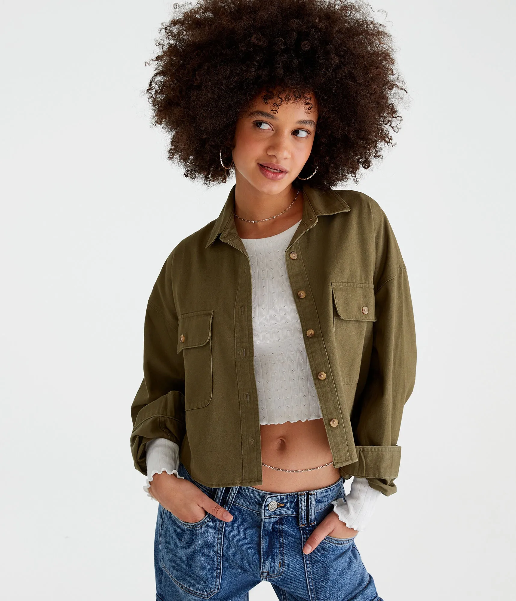 Aeropostale Womens' Relaxed Shirt Jacket - Green - Size XS - Cotton - Teen Fashion & Clothing Becket Green