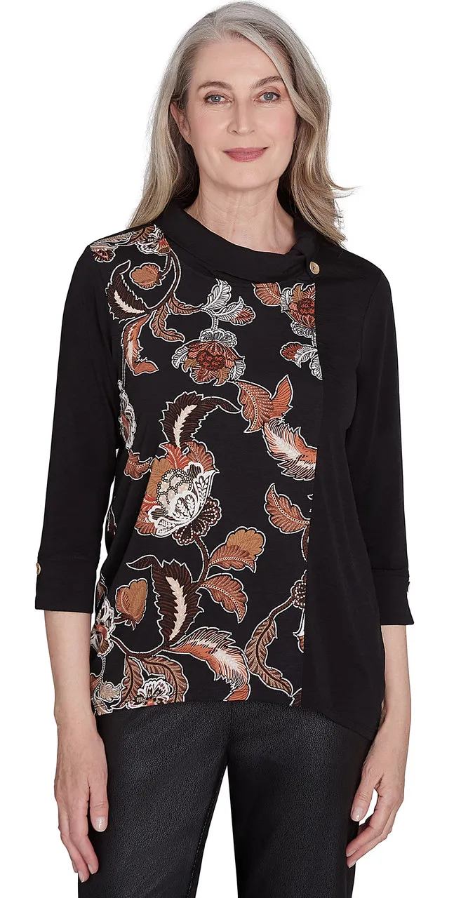 ALFRED DUNNER TOP *MISSY* BLACK SPLICED FLORAL TEXTURE