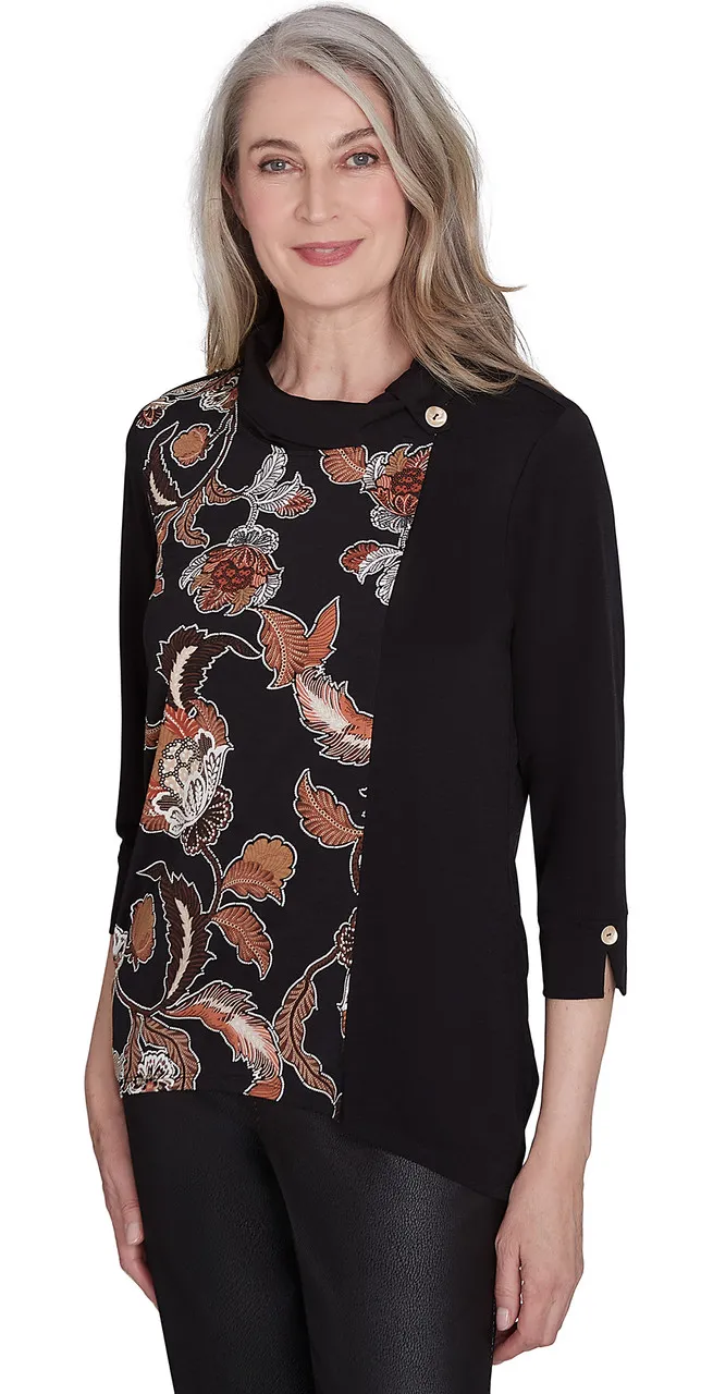 ALFRED DUNNER TOP *MISSY* BLACK SPLICED FLORAL TEXTURE