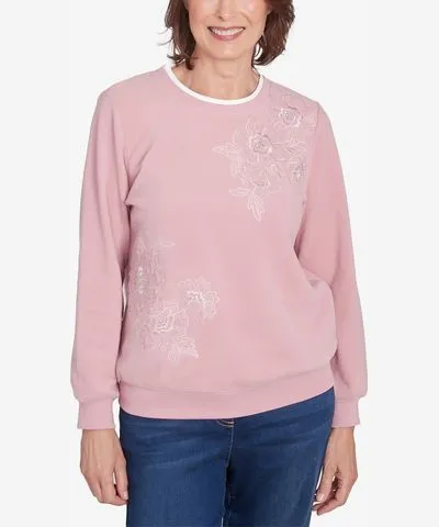 Alfred Dunner Women's Classic Sherpa Floral Embroidered Sweater