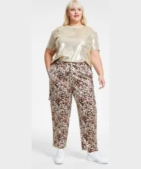 Bar III Trendy Plus Size Cheetah-Print Shine Cargo Satin Pants