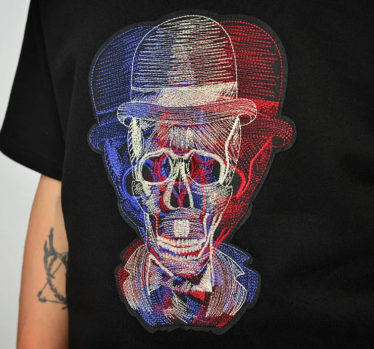 Black Fedora Skull Graphic Short Sleeved T-Shirts Mens Loose Fit Tees