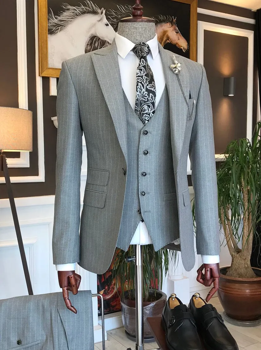 Bojoni Grey Striped Slim-Fit Suit 3-Piece