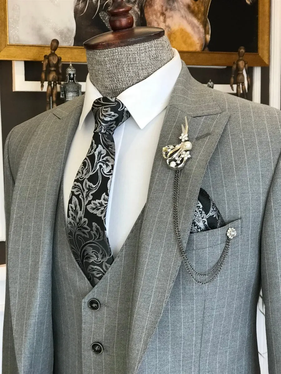 Bojoni Grey Striped Slim-Fit Suit 3-Piece