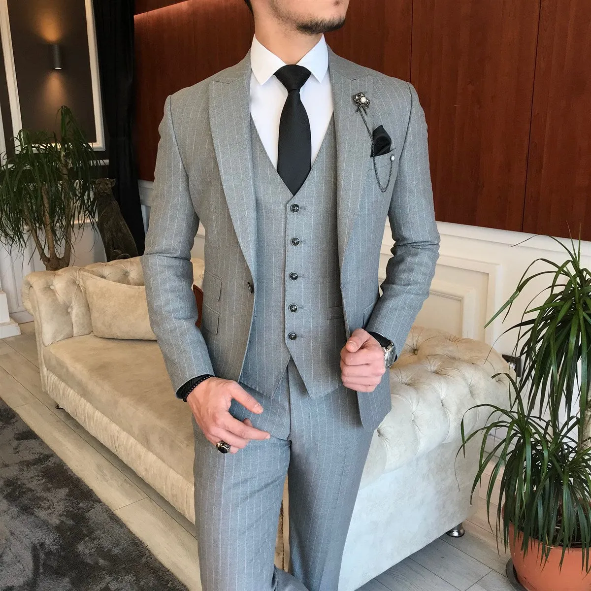 Bojoni Grey Striped Slim-Fit Suit 3-Piece