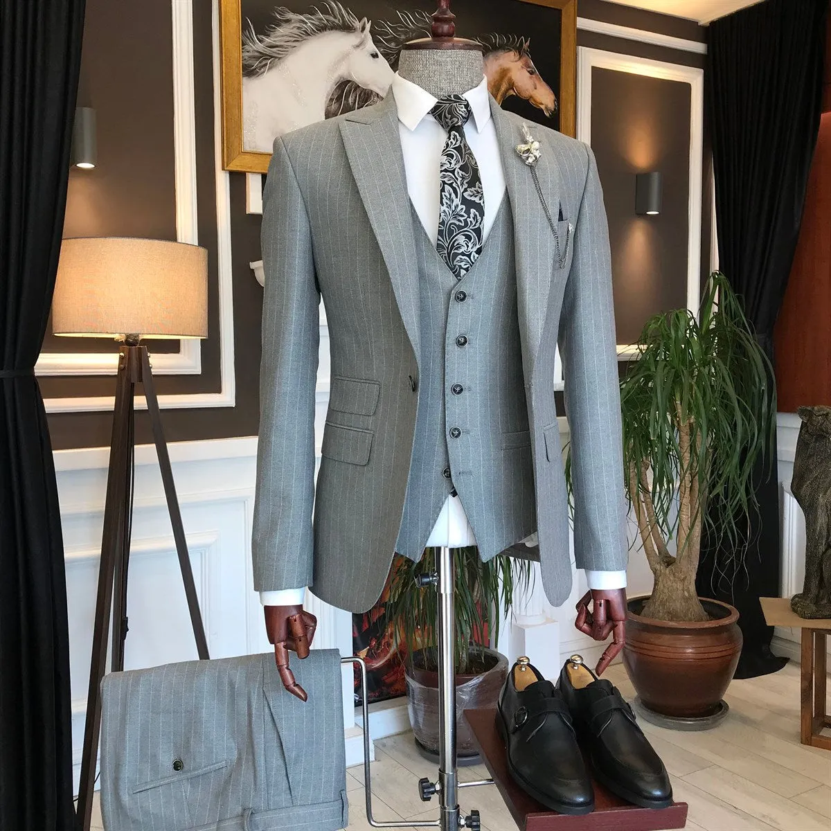 Bojoni Grey Striped Slim-Fit Suit 3-Piece