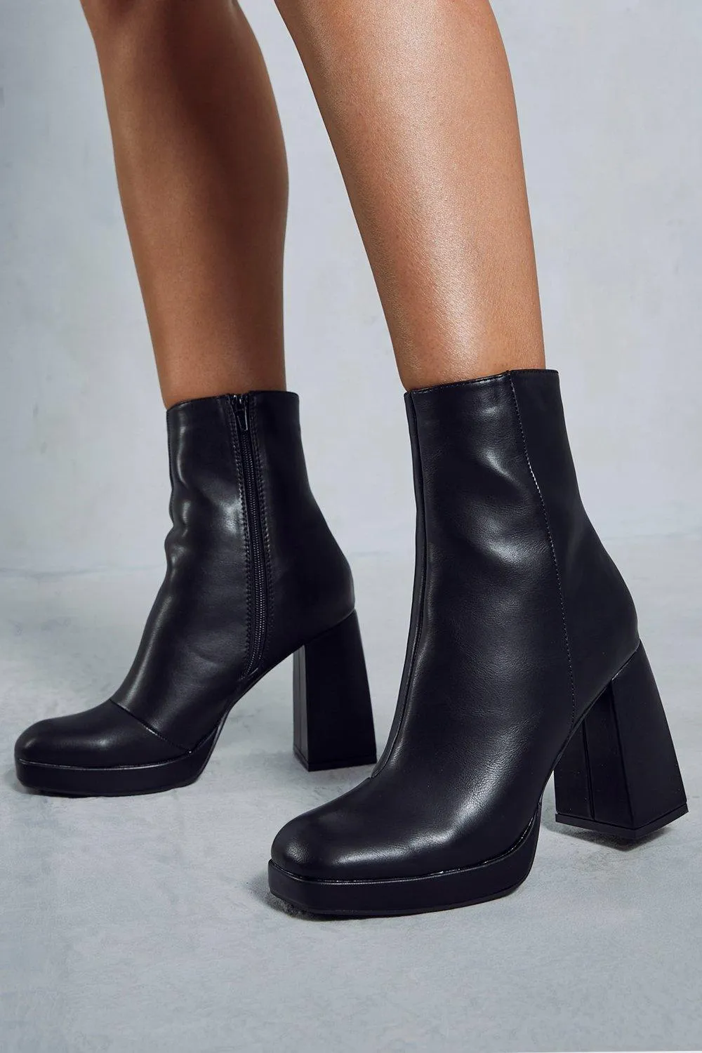 Boots | Leather Look Block Heel Ankle Boots | MissPap