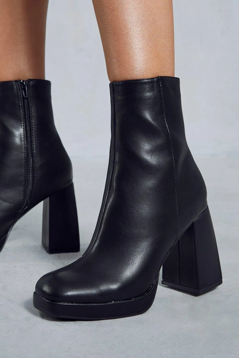 Boots | Leather Look Block Heel Ankle Boots | MissPap