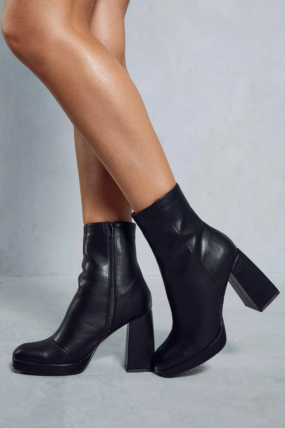 Boots | Leather Look Block Heel Ankle Boots | MissPap