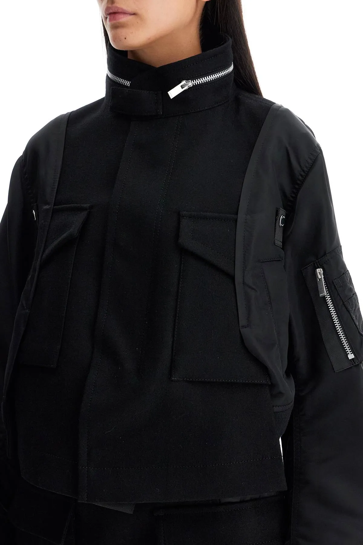 boxy wool and nylon jacket 24 07331 BLACK