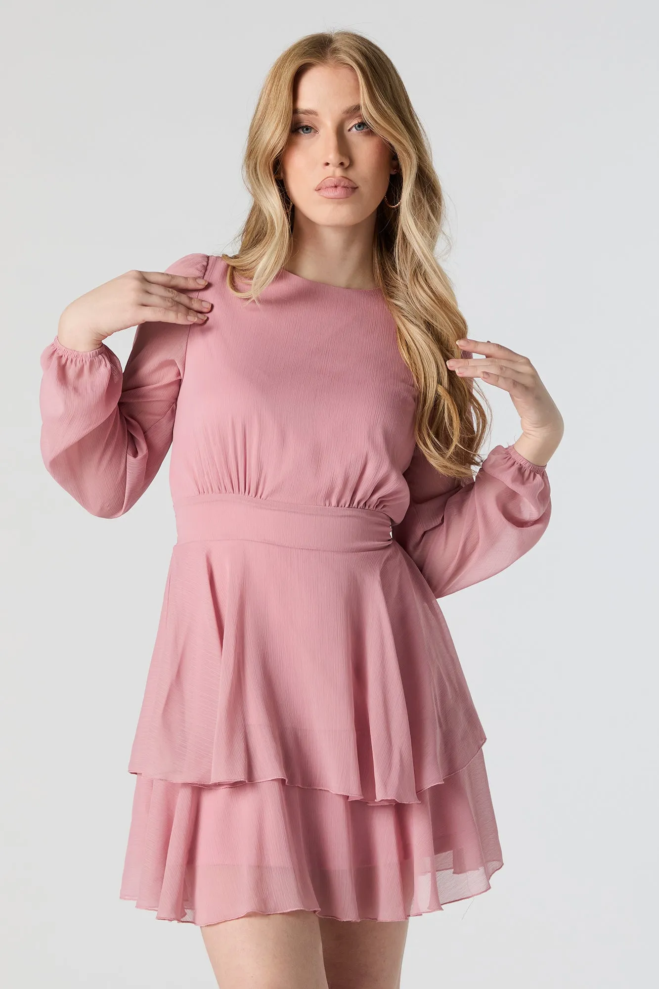 Chiffon Tiered Long Sleeve Mini Dress