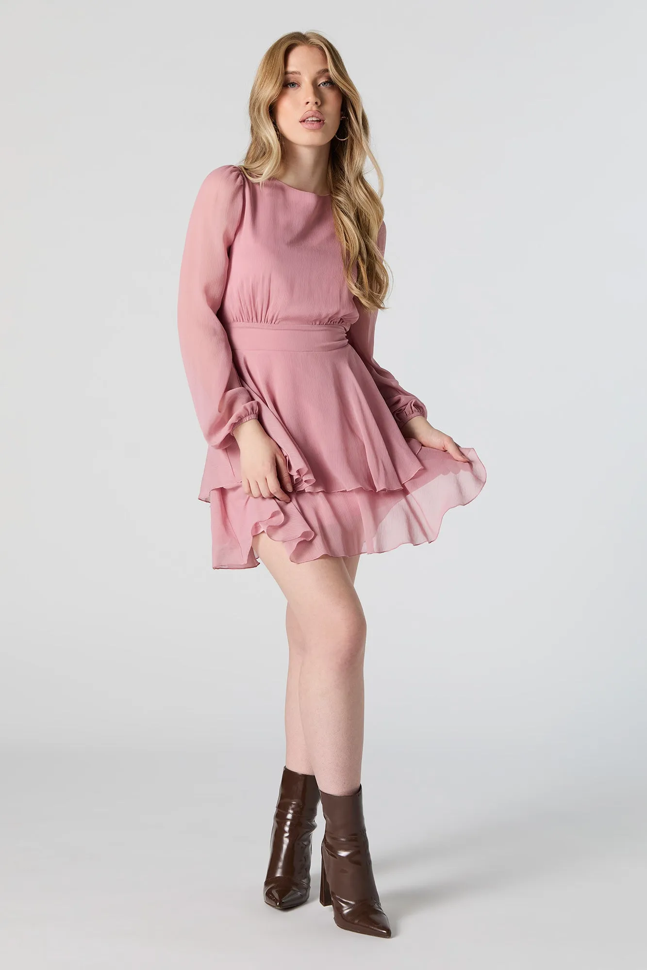 Chiffon Tiered Long Sleeve Mini Dress