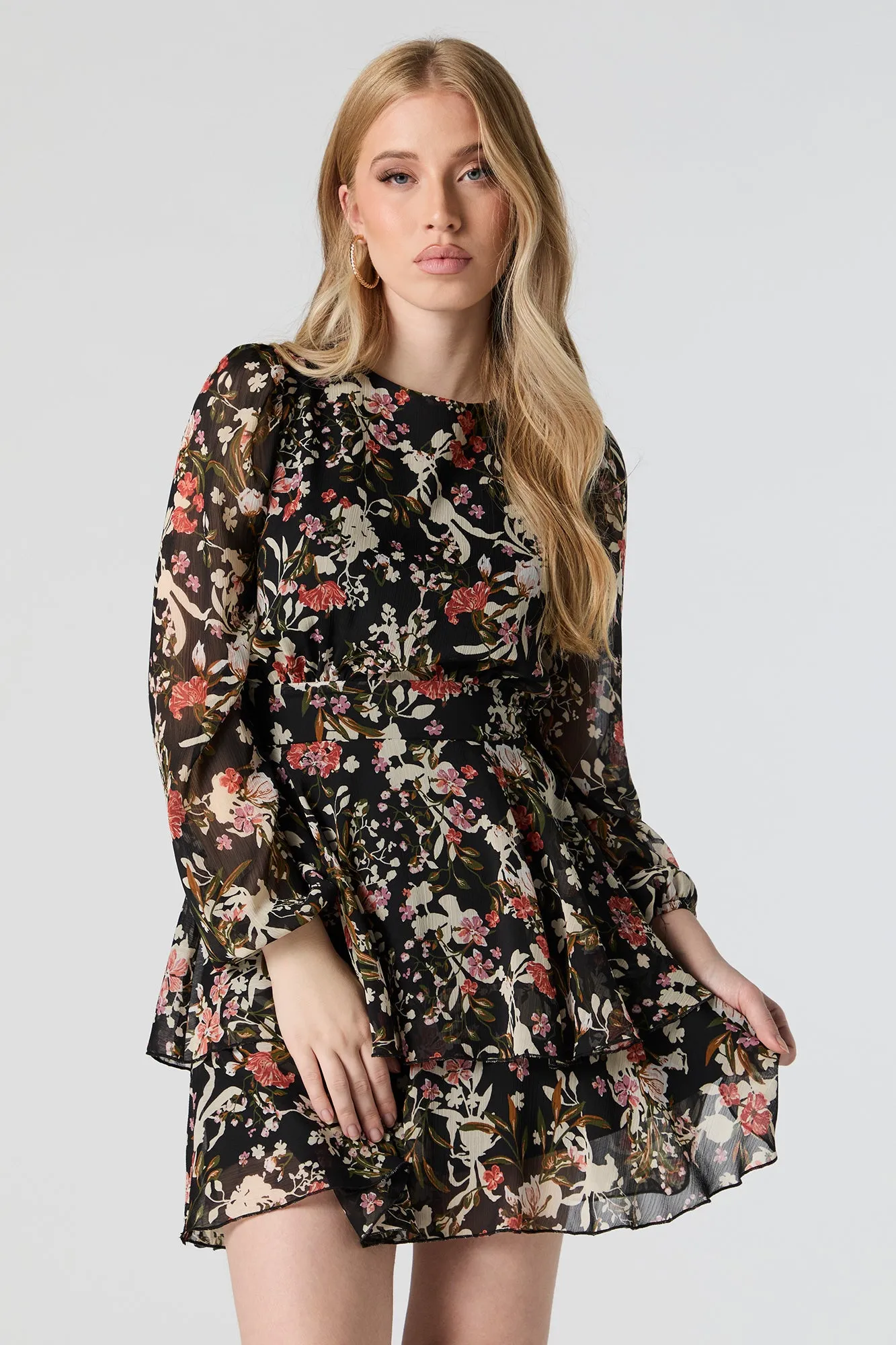 Chiffon Tiered Long Sleeve Mini Dress