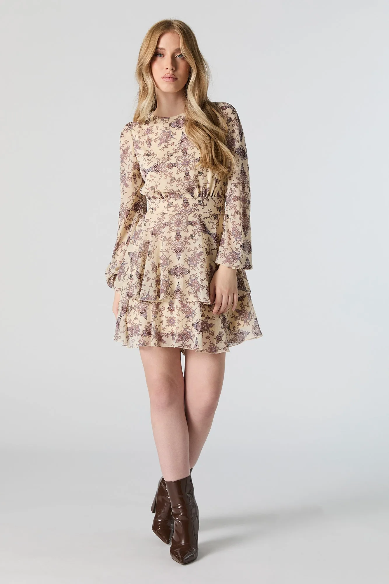 Chiffon Tiered Long Sleeve Mini Dress