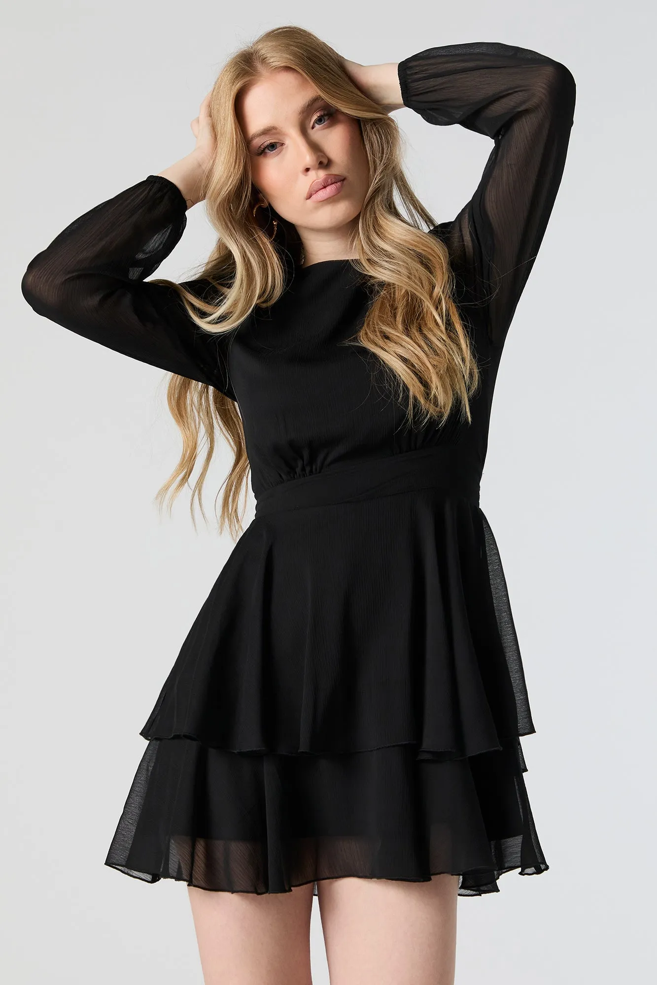 Chiffon Tiered Long Sleeve Mini Dress