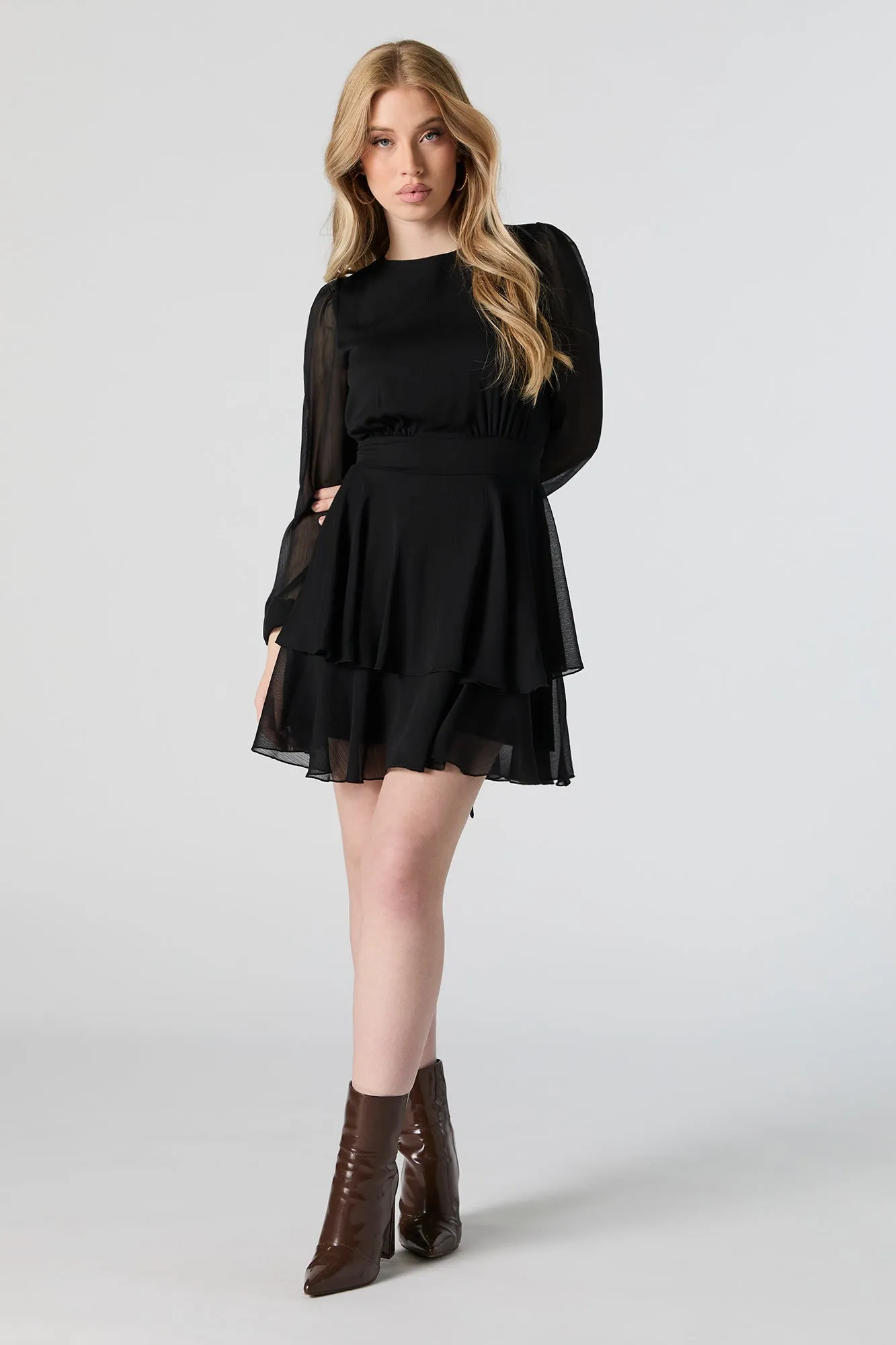 Chiffon Tiered Long Sleeve Mini Dress