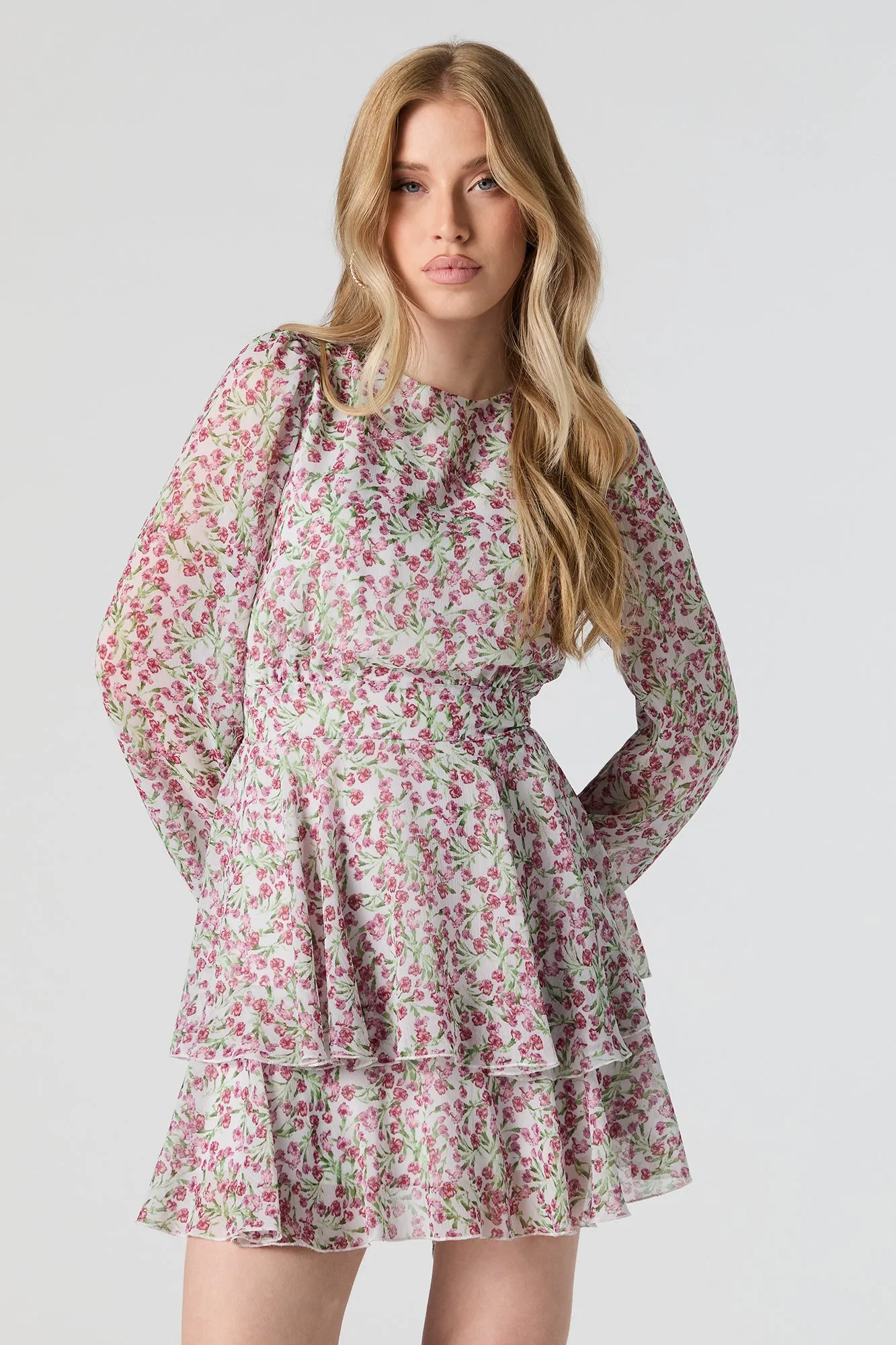 Chiffon Tiered Long Sleeve Mini Dress