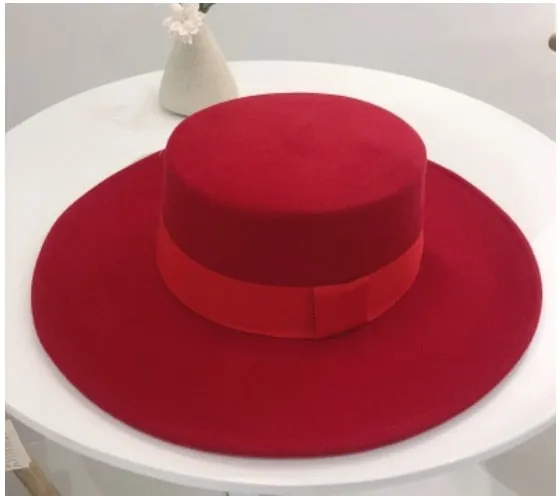 Christmas Red Wide Brim Flat Top Wool Bowknot Fedora Cap Holiday Gift