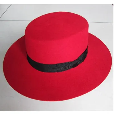 Christmas Red Wide Brim Flat Top Wool Bowknot Fedora Cap Holiday Gift