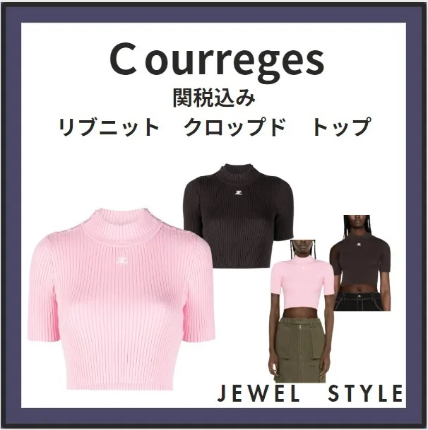 Courreges  |Rib Plain Short Sleeves High-Neck Logo Baby Tees