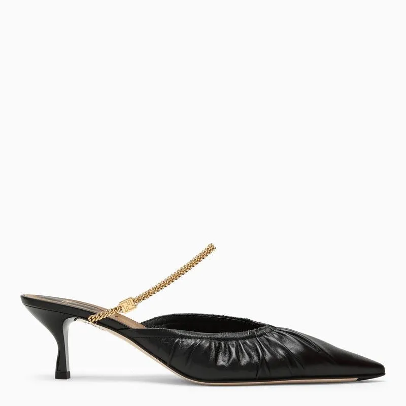 FENDI Sophisticated Black Leather Mid-Heel Ruffled-Edge Sabot for Women