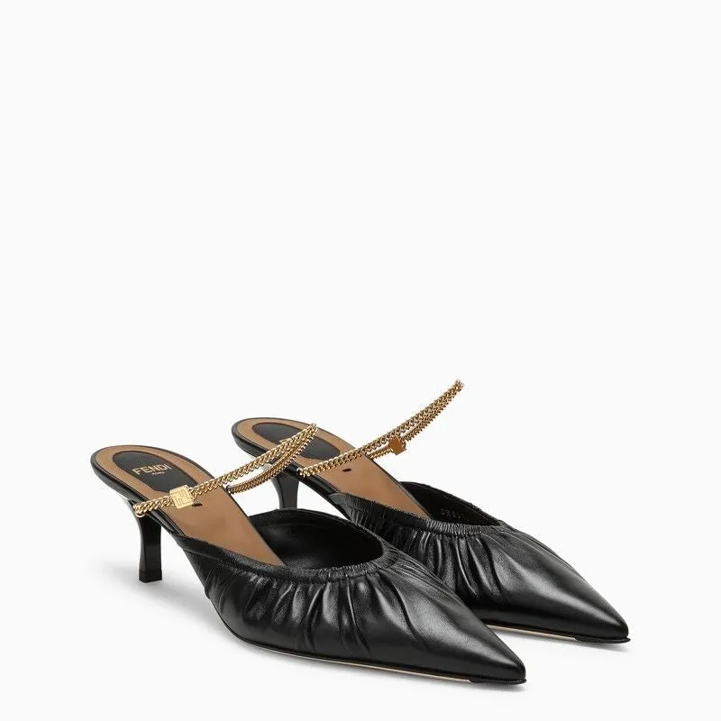 FENDI Sophisticated Black Leather Mid-Heel Ruffled-Edge Sabot for Women