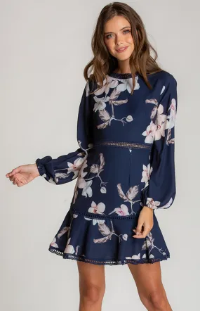 Floral Round Neckline Dress with Trim Details (SDR566A) 