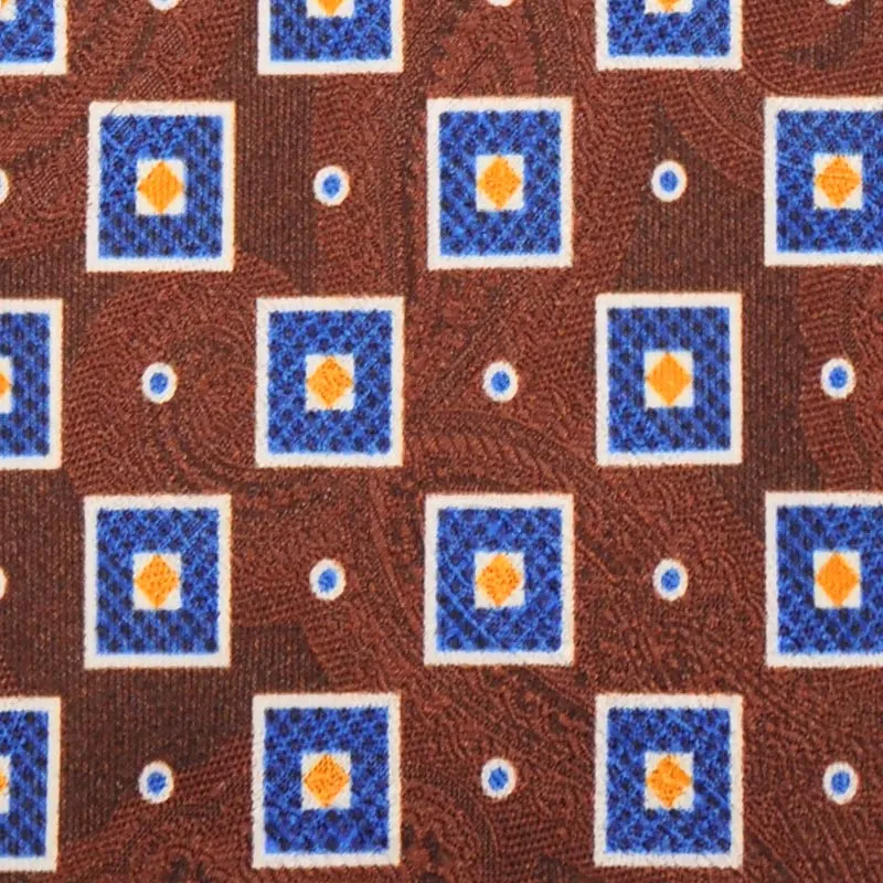 F.Marino Handmade Silk Tie Brown Damask Paisley Blu Squares