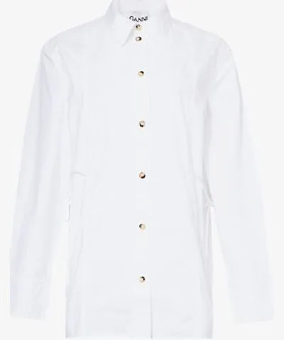 Ganni Womens Bright White Tie-string organic-cotton shirt