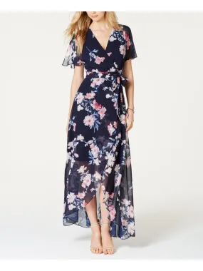 Jessica Howard Women's Belted Floral Short Sleeve V Neck Maxi Hi Lo Dress Blue Size 12