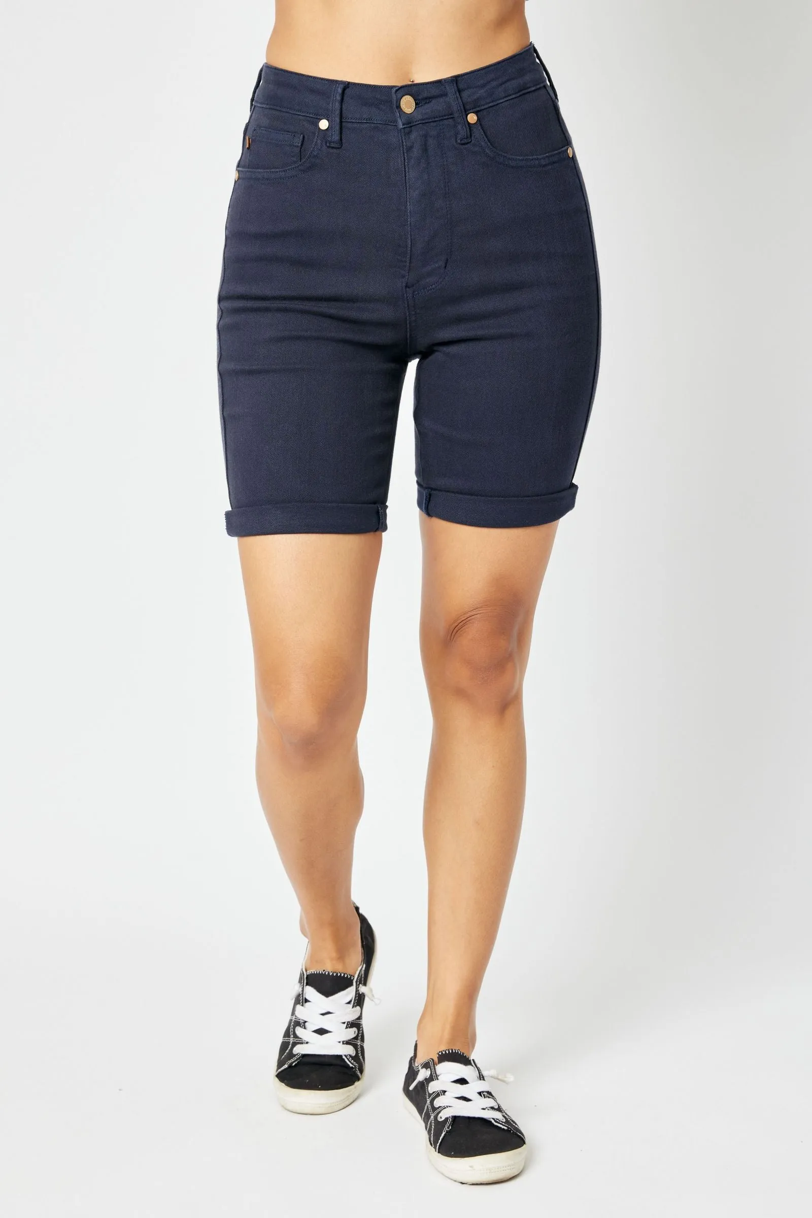 JUDY BLUE HIGH WAIST NAVY GARMENT DYED TUMMY CONTROL BERMUDA SHORTS