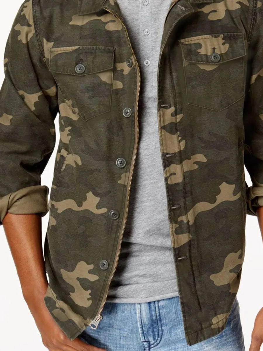 Lapel Double Pocket Zip Casual Camo Jacket