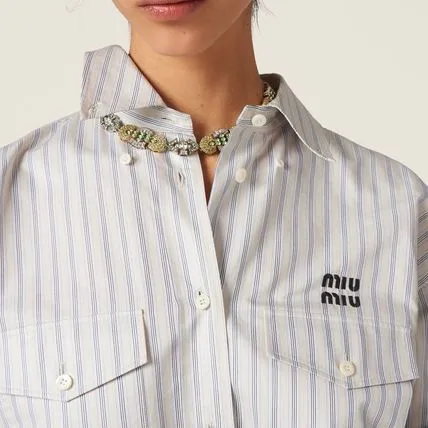 MiuMiu  |Stripes Casual Style Long Sleeves Cotton Elegant Style Logo