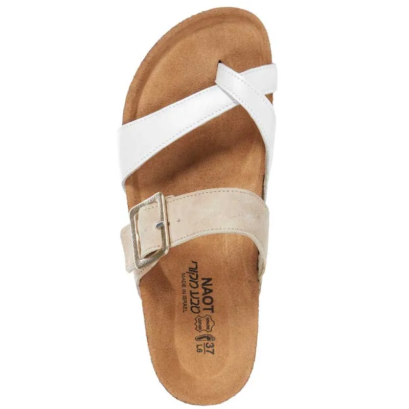 Naot Womens Fresno Toe Loop Sandal- White Pearl/ Stone Sand Suede