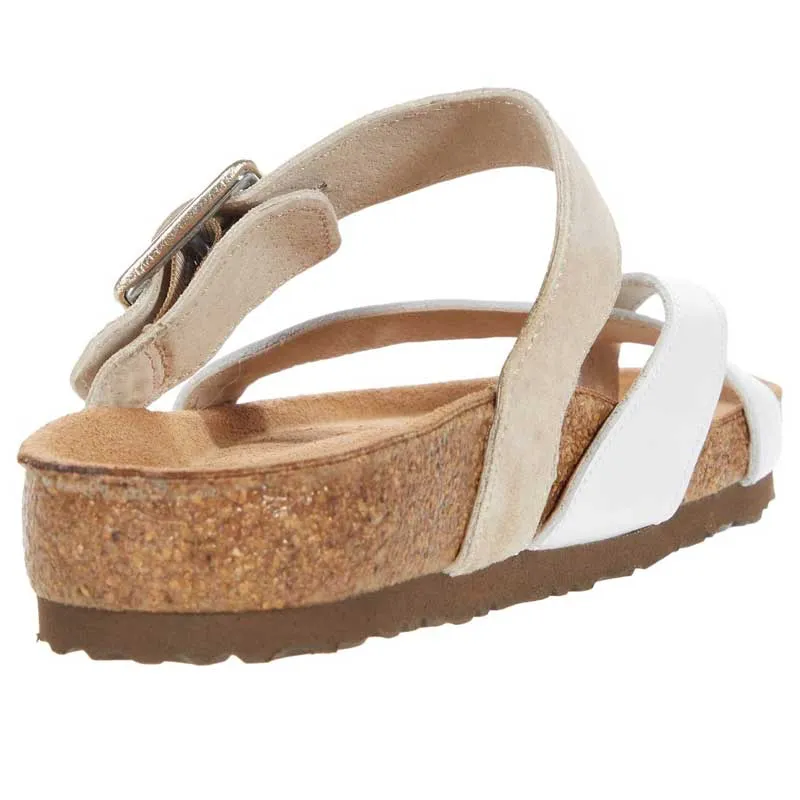 Naot Womens Fresno Toe Loop Sandal- White Pearl/ Stone Sand Suede