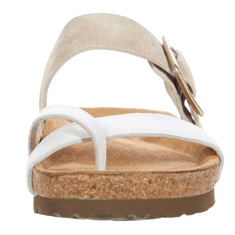 Naot Womens Fresno Toe Loop Sandal- White Pearl/ Stone Sand Suede