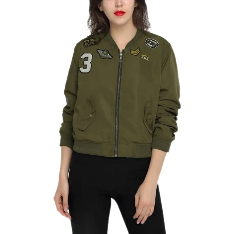 New Coats Army Green Women Bomber Jackets Coat Flight Suit Casual Print Jacket Embroidered Patches Jacket Coats SM6