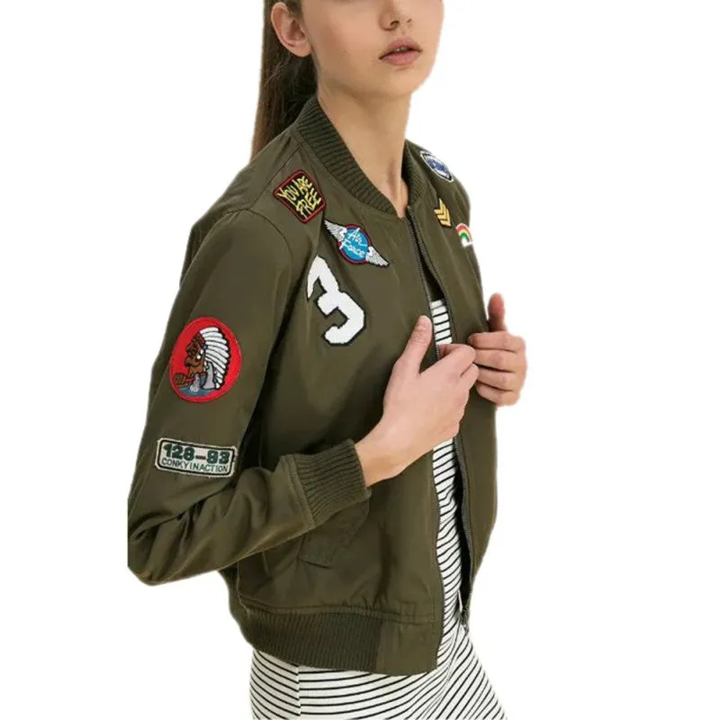 New Coats Army Green Women Bomber Jackets Coat Flight Suit Casual Print Jacket Embroidered Patches Jacket Coats SM6