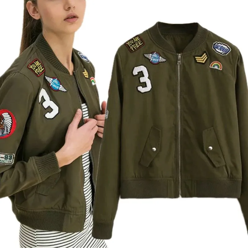 New Coats Army Green Women Bomber Jackets Coat Flight Suit Casual Print Jacket Embroidered Patches Jacket Coats SM6