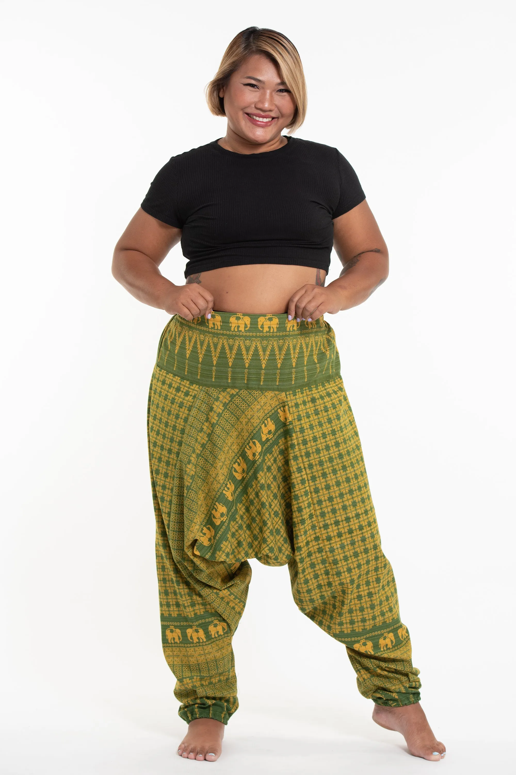 Plus Size Hill Tribe Elephant Women's Elephant Pants in Green