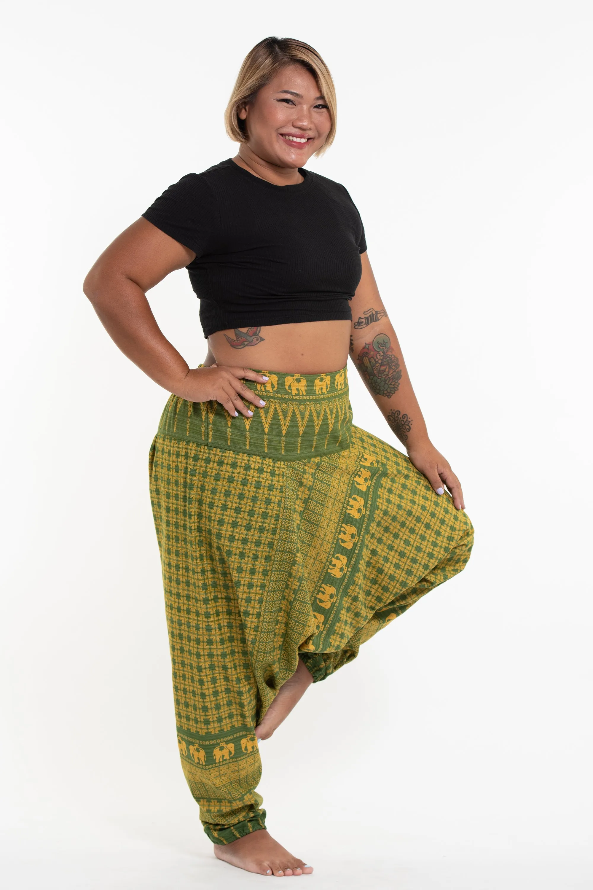 Plus Size Hill Tribe Elephant Women's Elephant Pants in Green