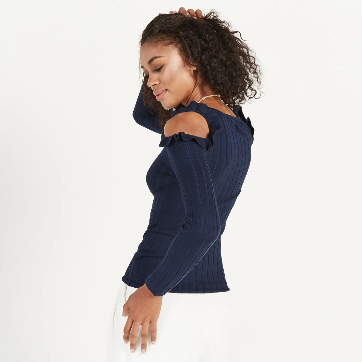 Ruffle Cold Shoulder Rib Jumper | Apricot Clothing