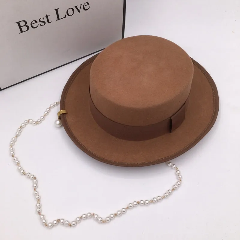 S Size and M Size Winter khaki Wool Fedora for Women with Peal Chain