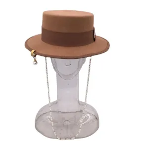 S Size and M Size Winter khaki Wool Fedora for Women with Peal Chain