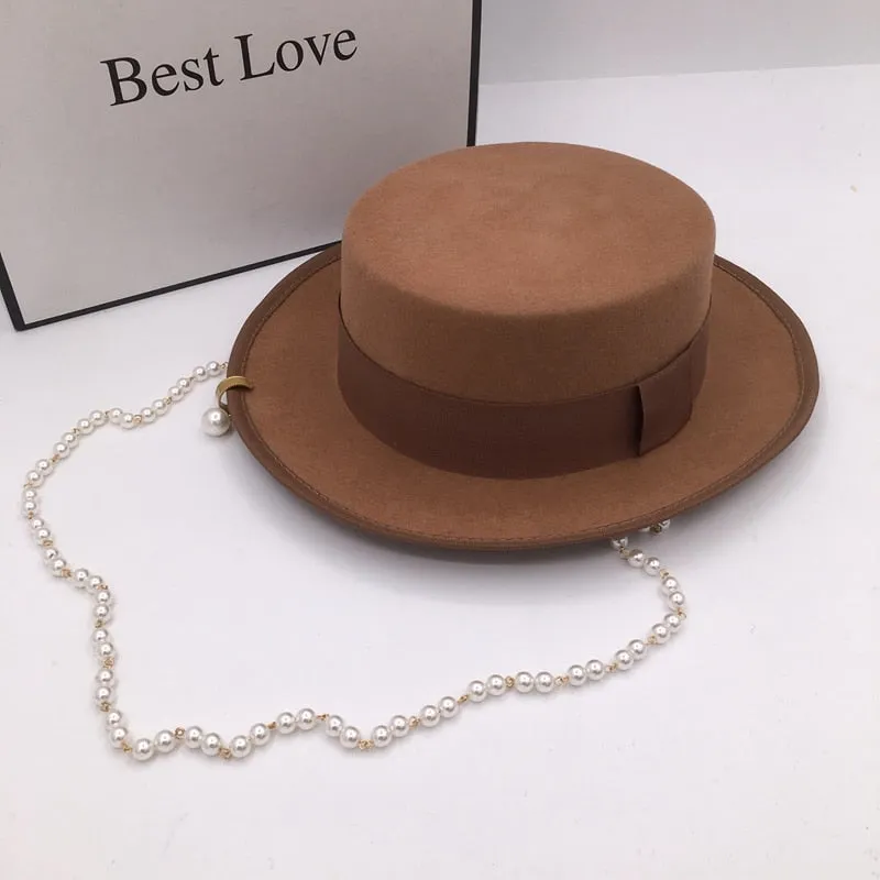 S Size and M Size Winter khaki Wool Fedora for Women with Peal Chain